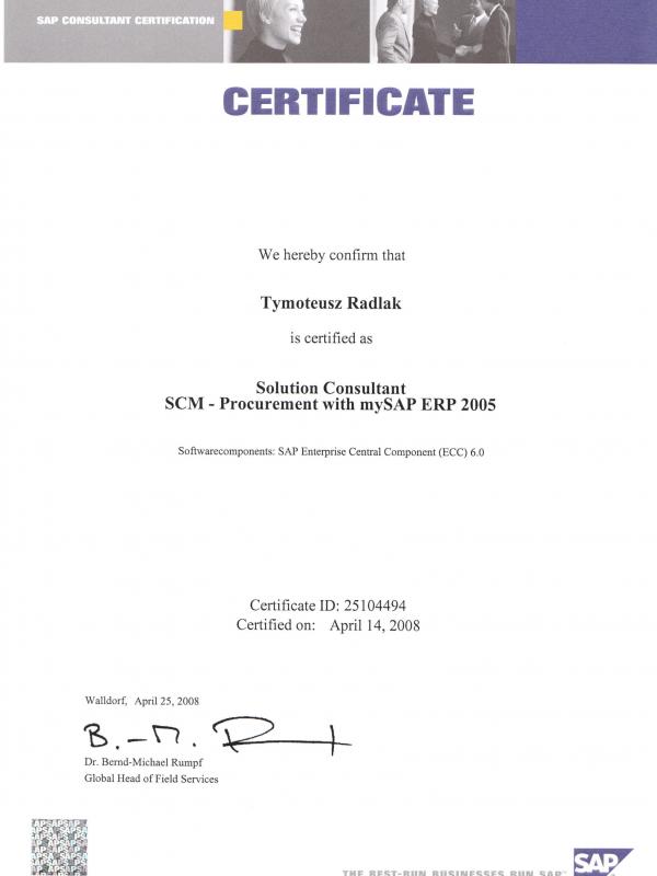 Certified - Solution Consultant SCM - Procurement with my SAP ERP